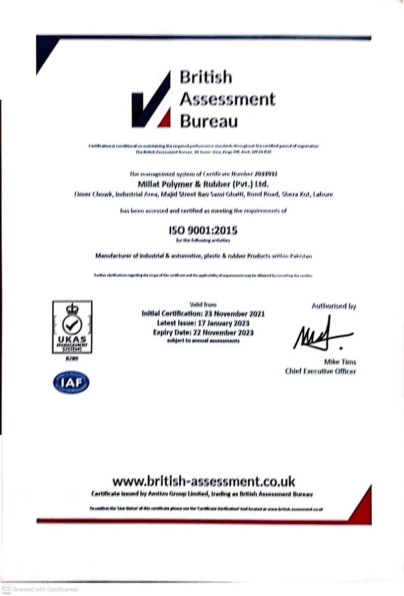 ISO 9001:2015 certificate — Millat Polymer & Rubber