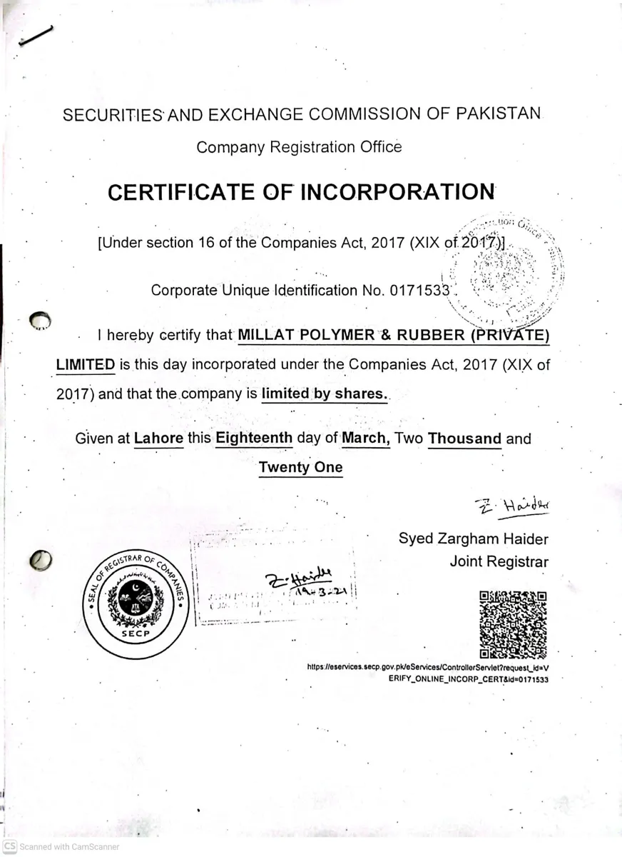 SECP certificate — Millat Polymer & Rubber